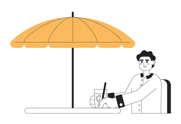 Jeune Homme Avec Soda Boisson Assis Sous Parapluie Dessin Animé — Image vectorielle