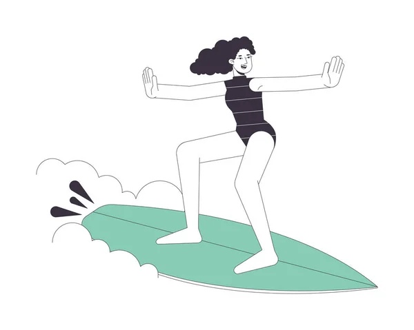 Vrouw Surfer Vlakke Lijn Vector Vlek Illustratie Girl Surfen Grote — Stockvector