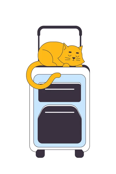 スーツケースフラットラインベクトルスポットイラストで猫の睡眠 荷物の上に横たわる子猫ウェブUiデザインのための白の2D漫画アウトラインオブジェクト 夏休み編集可能な孤立したカラフルなヒーローイメージ — ストックベクタ
