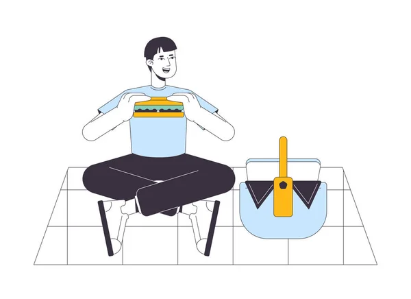 夏のピクニックフラットラインベクトルのイラストでサンドイッチを食べる男 ピクニックバスケット2D漫画のアウトライン文字を持つ幸せな男は Web Uiデザインのために白 編集可能な隔離されたカラフルなヒーローイメージ — ストックベクタ