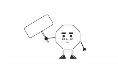 Animasyon bw hex fındık küçük adam. Gülen sekizgen karakterin elinde boş tabela var ve 2D animasyon izole edilmiş. Çizgi film monokrom ince çizgi karakter 4K video görüntüleri, web tasarımı için alfa kanal şeffaflığı