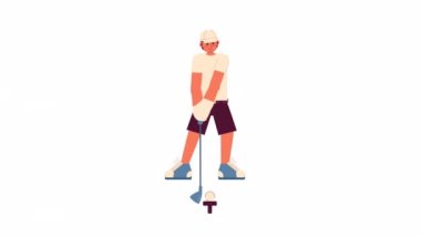 Animasyon golfçüsü iş başında. Golf oynayan genç erkek golfçü 2D animasyonu izole etti. Golf kulübü. Çizgi film düz karakteri 4K video görüntüleri, beyaz arkaplan, web tasarımı için alfa kanal şeffaflığı