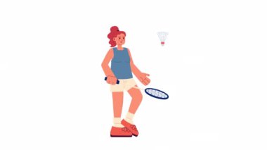 Animasyon badminton oyuncusu. Mekik horozuna vuran bayan sporcu 2D animasyonu izole etti. Spor kadını. Çizgi film düz karakteri 4K video görüntüleri, beyaz arkaplan, web tasarımı için alfa kanal şeffaflığı