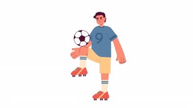 Animasyon Brezilyalı futbolcu. Futbol oynayan genç sporcu 2D animasyonu izole etti. Çizgi film düz karakteri 4K video görüntüleri, beyaz arkaplan, web tasarımı için alfa kanal şeffaflığı