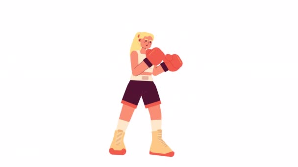 アニメキックボクシングの女性 少女ボクサーパンチング隔離された2Dアニメーション ブロンドの白人女の子ボクシング 漫画フラット文字4Kビデオ映像 白背景 ウェブデザインのためのアルファチャンネル透明性 — ストック動画