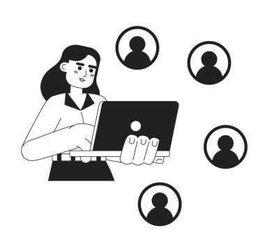 Müşterilerle hemen hemen tek renkli konsept vektör çizimi illüstrasyonunda iletişim kurmak. Web UI tasarımı için sosyal medya uzmanı 2D düz bw çizgi film karakteri. İzole edilmiş düzenlenebilir el çizimi kahraman imajı