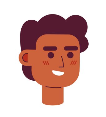 Kıvırcık saçlı Afro-Amerikan adam. Parlak gülüşlü, yarı düz bir karakter kafası var. Düzenlenebilir karikatür avatar simgesi. Duygularınla yüzleş. Web grafik tasarımı ve animasyonu için renkli nokta çizimi