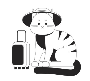 Şirin kedi gezgini bw vektör noktası çizimi. Tekir kedi, web UI tasarımı için 2D çizgi çizgi film düz çizgi monokromatik karakterli şapka takıyor. Komik, düzenlenebilir, izole edilmiş kahraman imajı.