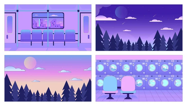 Neon Purple Interiors Landscapes Chill Wallpaper Set Skyline Forest Laundry — Stock Vector