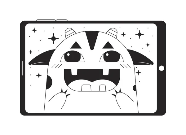 Monstro Feliz Tablet Computador Linha Arte Vetor Desenho Animado Ícone — Vetor de Stock