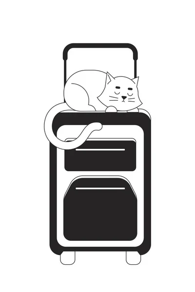 スーツケースBwベクトルスポットイラストで猫寝ています ウェブUiデザインのための荷物トップ2D漫画フラットライン単色オブジェクトに横たわって子猫 夏休み編集可能な孤立したアウトラインヒーローイメージ — ストックベクタ