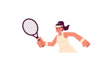 Animasyon tenis oyuncusu raketi. Raketle poz veren İspanyol sporcu kadın 2D animasyonu izole etti. Çizgi film düz karakteri 4K video görüntüleri, beyaz arkaplan, web tasarımı için alfa kanal şeffaflığı