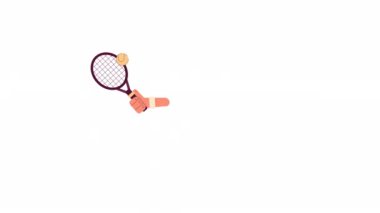 Tenis topu animasyonu. Animasyon izole edilmiş 2D tenis maçı isabet aldı. Raket sporu. Çizgi film düz elli 4K video görüntüleri, beyaz arkaplan, web tasarımı için alfa kanal şeffaflığı
