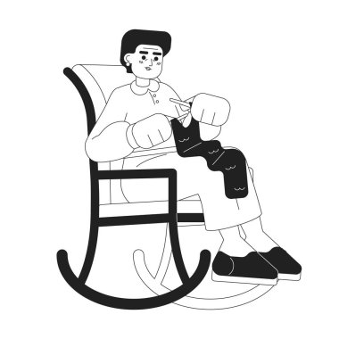 Büyükanne monokromatik düz vektör karakter örüyor. Sallanan sandalyede ipliği olan büyükanne. Düzenlenebilir ince çizgi, beyaz üzerine tam vücut insan. Web grafik tasarımı için basit bw çizgi film nokta resmi