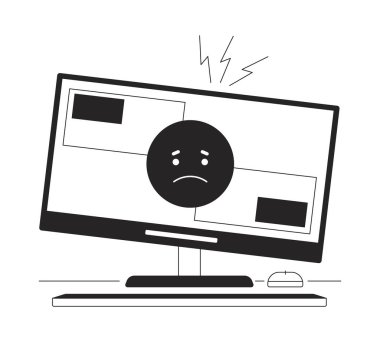 Bilgisayar problemi bw vektör nokta çizimi. Kırık ekran 2D çizgi çizgi düz çizgi tek renkli nesne web UI tasarımı için üzücü bir ifade. Bozuk ekipman düzenlenebilir izole edilmiş kahraman görüntüsü