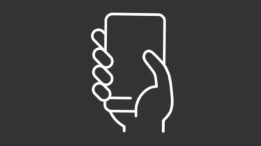 El beyaz ikonunda animasyon telefon. Cep telefonu hattı animasyonunu elinde tutan kişi. Aşağı in. Alfa kanallı, şeffaf arkaplanlı kusursuz HD video. Gece kipi için hareketli grafik tasarımı