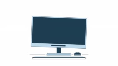 Bilgisayar monitörü çatırdayan animasyon. Web tasarımı için düz taslak biçim simgesi 4K video görüntüsü. Beyaz arkaplanda alfa kanal şeffaflığı ile izole edilmiş ince çizgi canlandırılmış nesne