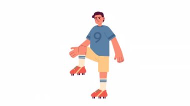 Animasyon egzersizi yapan futbolcu. Animasyon 2D izole edilmiş futbol koçu. Tekme atma eğitimi. Çizgi film düz karakteri 4K video görüntüleri, beyaz arkaplan, web tasarımı için alfa kanal şeffaflığı