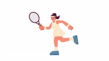 Animasyon kız tenis oyuncusu. Atletizm raketi 2D animasyonu izole etti. Bireysel sporlar. Çizgi film düz karakteri 4K video görüntüleri, beyaz arkaplan, web tasarımı için alfa kanal şeffaflığı