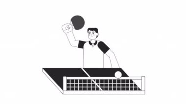 Animasyon bw masa tenisçisi. Masa tenisi oynayan Asyalı adam 2D animasyonu izole etti. Pingpong maçı. Çizgi film monokrom ince çizgi karakter 4K video görüntüleri, web tasarımı için alfa kanal şeffaflığı