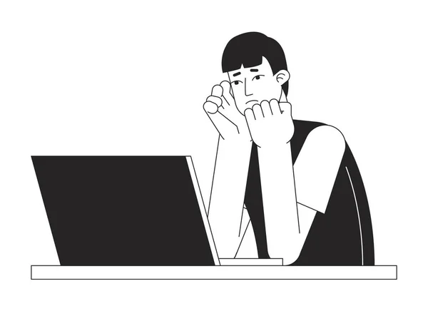 ラップトップのBwベクトルスポットイラストを持つ欲求不満男 アジアの若い学生は Web Uiデザインのための2D漫画のフラットライン単色文字を心配しています Pcの問題編集可能な隔離されたアウトラインヒーローイメージ — ストックベクタ