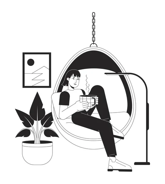 居心地の良いライフスタイルのBwベクトルイラスト コーヒーカップの女性ウェブUiデザインのための2D漫画のフラットラインモノクローム文字 吊るされた卵の椅子でお茶を飲む編集可能な隔離されたアウトラインヒーローイメージ — ストックベクタ
