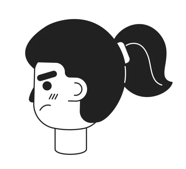 ポニーテール側ビューモノクロームフラット線形文字頭を持つ怒っている女性ティーンエイジャー 不気味だ 編集可能なアウトラインハンドは 人間の顔のアイコンを描いた 2D漫画スポットベクトルアバターイラストForアニメーション — ストックベクタ