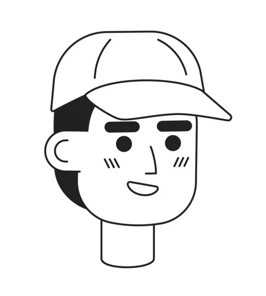 Baseball Cap Man Smiling Monochrome Flat Linear Character Head Sporty — Stock Vector
