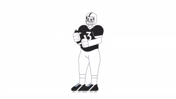 アニメ化されたBwラグビー選手 ヘルメット投げ隔離された2Dアニメーションを持つアメリカのサッカークォーターバック 漫画のモノクロ細い線文字4Kビデオ映像 ウェブデザインのためのアルファチャンネル透明性 — ストック動画