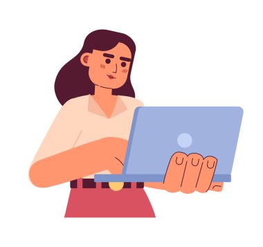 Dizüstü bilgisayarı olan, yarı düz renkli vektör karakterli genç bir kadın. İnternette çalışan kadın sekreter. Beyazın üzerinde düzenlenebilir yarı vücut insan. Web grafik tasarımı için basit karikatür nokta çizimi