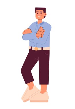 Rahat Avrupalı işadamı yarı düz renkli vektör karakteri. Kendine güvenen sıradan bir satıcı. Beyazın üzerinde tüm vücudu düzenleyebilen insan. Web grafik tasarımı için basit karikatür nokta çizimi