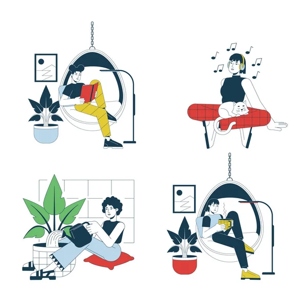 Freizeitaktivitäten Hause Flatline Vektor Spot Illustration Set Rest Frauen Cartoons — Stockvektor