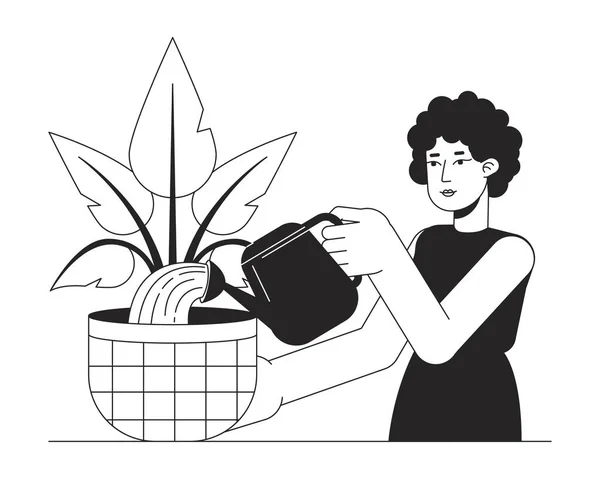 室内园艺Bw矢量点画 卷发妇女浇灌家庭植物可以二维卡通平面线条单色字符为网页用户界面的设计 可编辑的孤立轮廓英雄形象 — 图库矢量图片