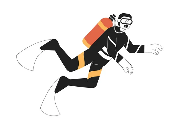 男子水肺潜水者在水下游泳单色平面矢量特征 潜水的男人 潜水课 可编辑细线全身上下的白种人 图解设计用简单的Bw卡通图点图像 — 图库矢量图片