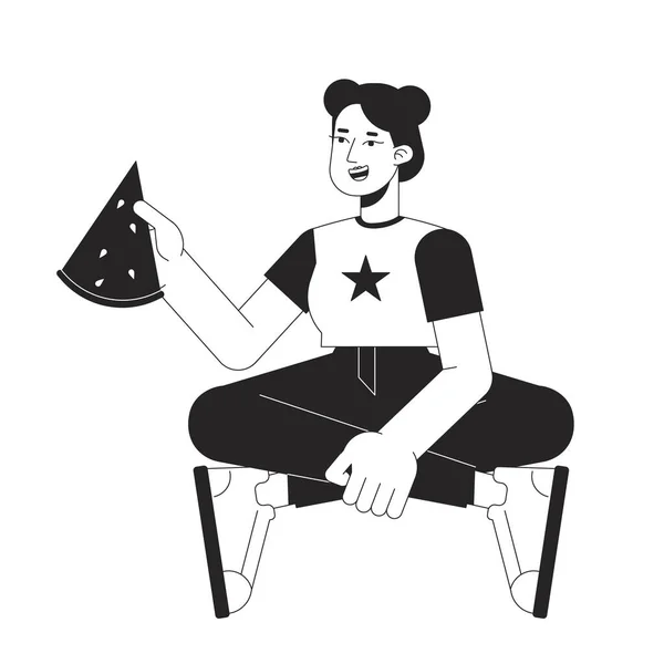 スイカスライスフラットライン黒白ベクトル文字を保持幸せなアジアの女の子 編集可能なアウトラインフルボディの人 夏のピクニック食品ウェブグラフィックデザインのためのシンプルな漫画の孤立スポットイラスト — ストックベクタ