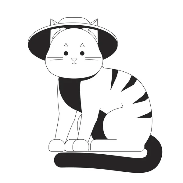 夏の帽子フラットラインブラックホワイトベクトル文字を身に着けてかわいいタビー猫 編集可能なアウトラインフルボディ動物 面白いエレガントな動物のシンプルな漫画は ウェブグラフィックデザインのためのスポットイラストを単離 — ストックベクタ