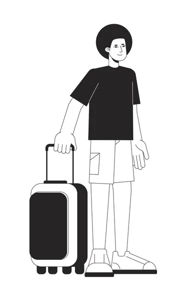 荷物フラットライン黒白ベクトル文字を保持アフロ髪の男 編集可能なアウトラインフルボディの人 荷物と一緒に立つ旅行者ウェブグラフィックデザインのためのシンプルな漫画の孤立スポットイラスト — ストックベクタ