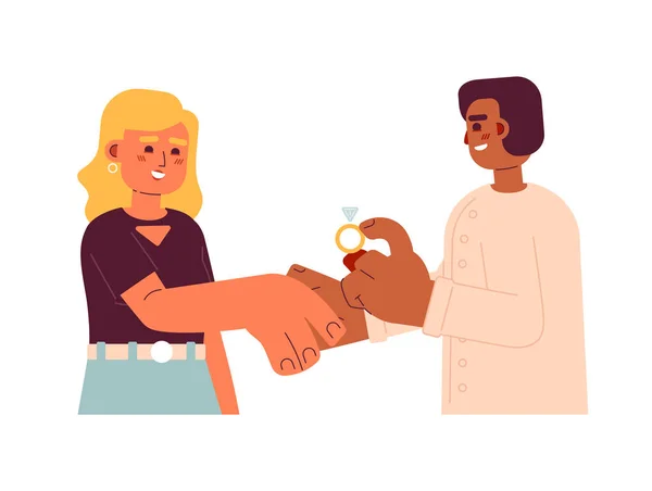 Überraschende Heiratsantrag Flache Konzept Vektor Spot Illustration Interracial Paar Händchen — Stockvektor