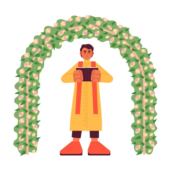 ヒンズー教の結婚式の公式フラットコンセプトベクトルのスポットイラスト Web Uiデザインのための白のアーチ2D漫画の文字の下でインドの男性説教者 儀式の儀式は 編集可能な創造的なヒーローイメージを隔離 — ストックベクタ