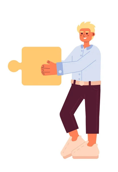 微笑的金发男人拿着锯子半平彩色矢量字符 合作伙伴关系 可编辑的全身白种人 用于网页平面设计的简单卡通画 — 图库矢量图片