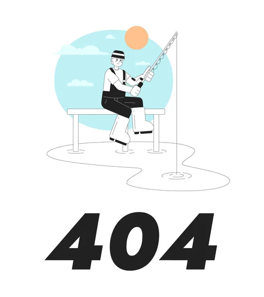 上午的捕鱼矢量Bw空状态说明 未为Ux Ui设计找到可编辑404页 码头上有钓竿的渔民在白色上隔离了平坦的单色特征 错误闪存消息 — 图库矢量图片