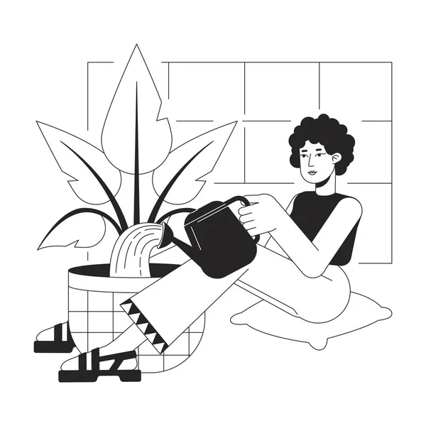 植物Bwベクトルスポットイラストを散水 ウェブUiデザインのためのポット2D漫画フラットライン単色文字で座っているかわいい髪の女性 園芸の観葉植物編集可能な隔離されたアウトラインヒーローイメージ — ストックベクタ