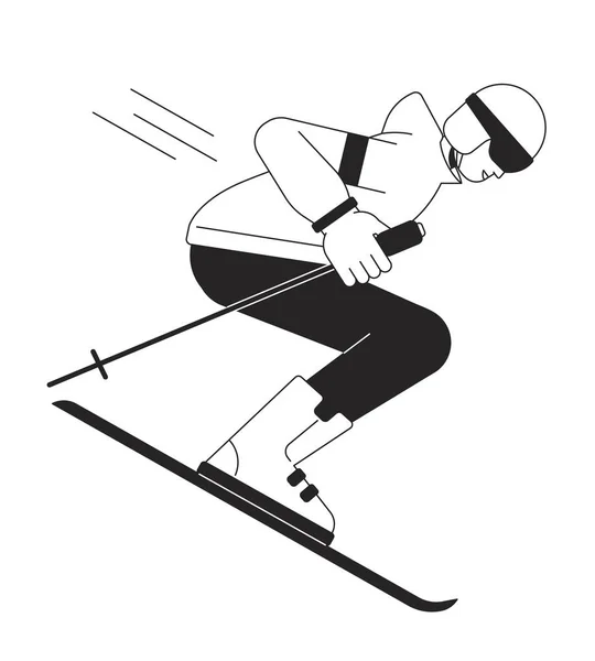Kayak Pistinde Direkleri Olan Erkek Kayakçı Siyah Beyaz Vektör Karakteri — Stok Vektör