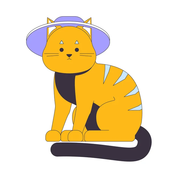 夏の帽子フラットラインカラーベクトル文字を身に着けてかわいいタビー猫 編集可能な線形フルボディ動物白 ウェブグラフィックデザインのためのアクセサリーシンプルな漫画のスポットイラストを持つ面白い動物 — ストックベクタ