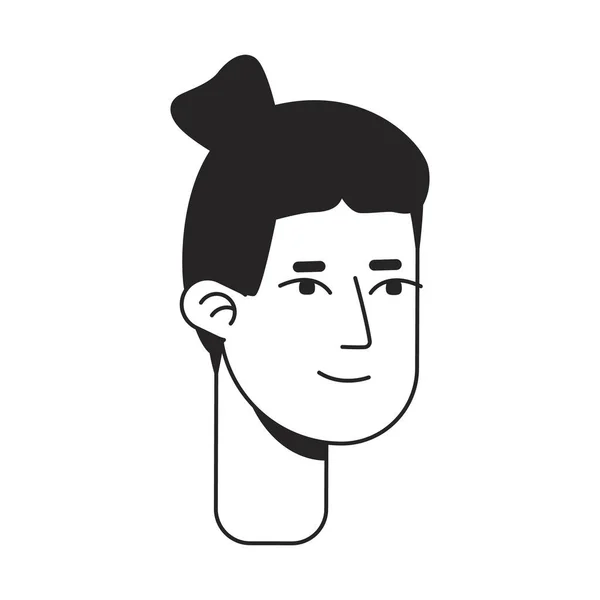 Smiling Asian Man Bun Monochrome Flat Linear Character Head Bun — Stock Vector