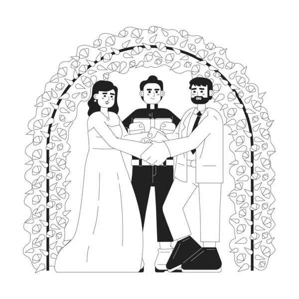 カトリックの結婚式はモノクロのコンセプトベクトルのイラストを誓います ウェブUiデザイン用の2DフラットBw漫画の文字を手を保持結婚式のカップル 教会の儀式は 編集可能な手の英雄のイメージを描いた — ストックベクタ