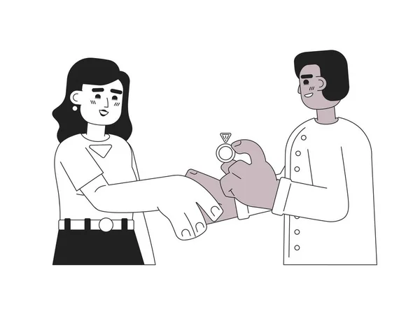 Surprise Marriage Proposal Monochrome Concept Vector Spot Illustration Interracial Couple — Stock Vector