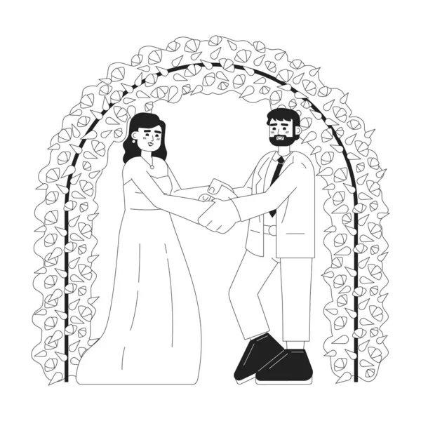 承诺仪式单色概念矢量点画 新婚夫妇在花卉拱形2D平面Bw卡通人物下进行网页用户界面设计 美国人的婚礼孤立的可编辑的手绘英雄形象 — 图库矢量图片