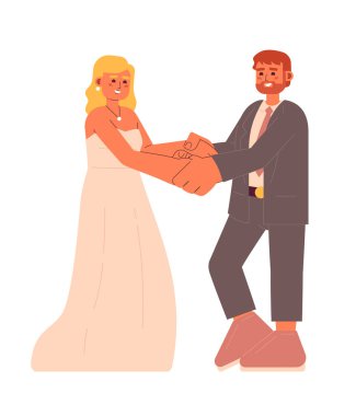 Amerikalı gelin ve damat yarı düz renkli vektör karakterler. Geleneksel kıyafetler giyen bir çift. Kurgulanabilir tüm vücutlu insanlar beyaza. Web grafik tasarımı için basit karikatür nokta çizimi
