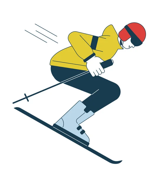 スキーフラットラインカラーベクトル文字上の極を持つ男性スキー 編集可能なアウトライン白いフルボディの人 冬のスポーツ選手は ウェブグラフィックデザインのためのシンプルな漫画のスポットイラストをスキーダウン — ストックベクタ